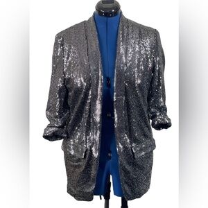 C By One Black & Silver Sequined Open Front Blazer Size Small Metallic Nightclub